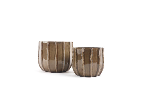 Conservatory Archives Plant Pots, Planter Morley Taupe. Ribber brown glazed planter.
