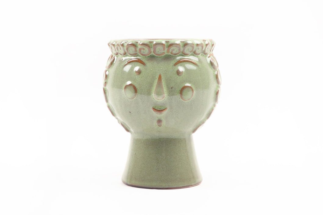Conservatory Archives Plant Pot, Planter Gideon. Green glazed planter with face detail.